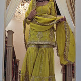 Olive Chinon Embroidered Suit