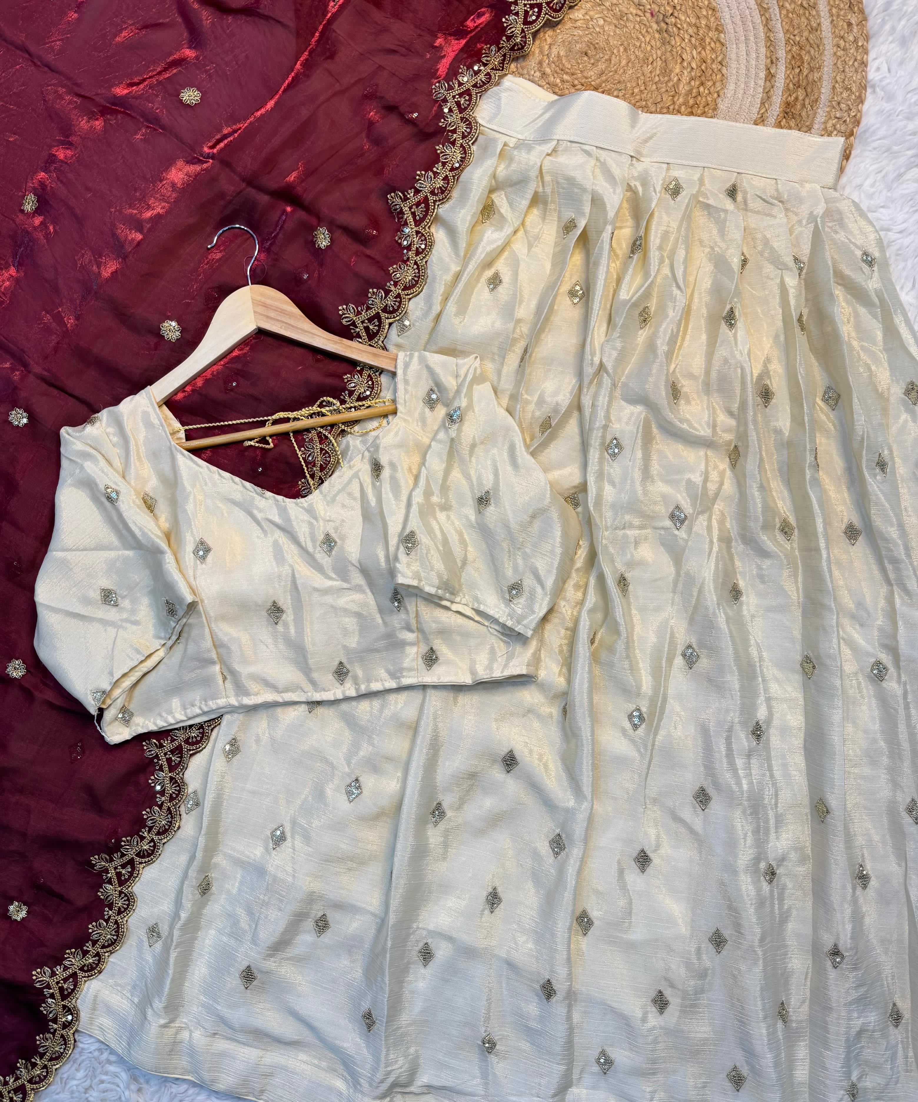 White Chinon Silk Lehenga Choli