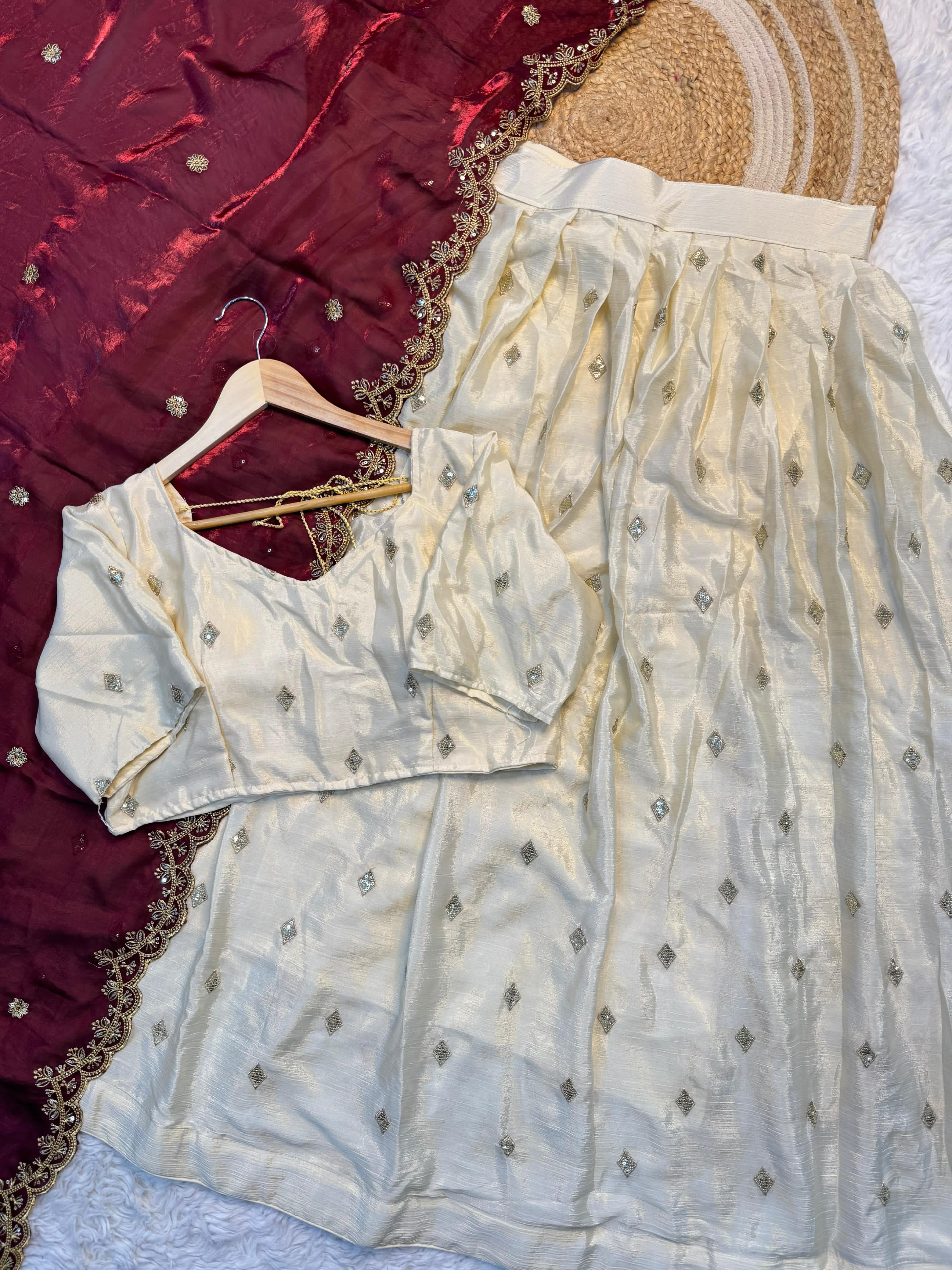 White Chinon Silk Lehenga Choli