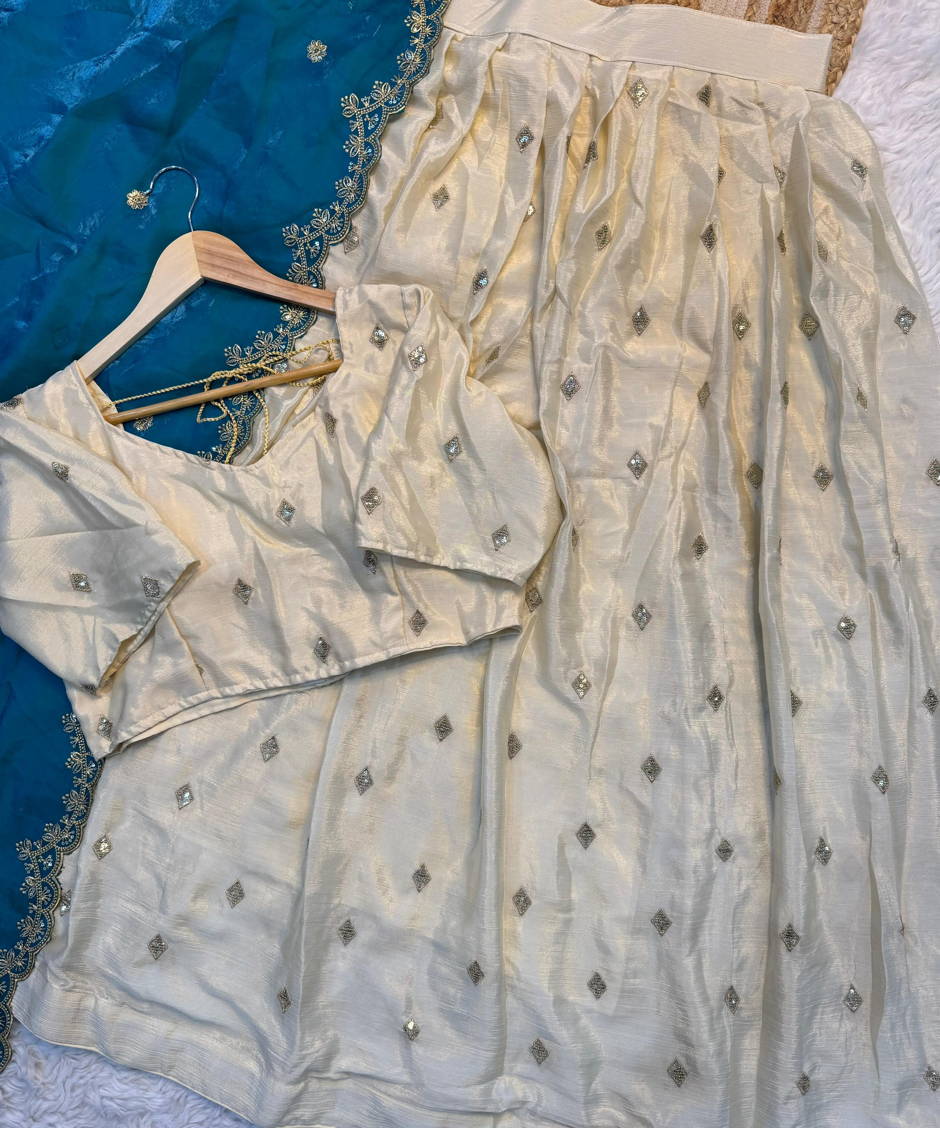 White Chinon Silk Lehenga Choli