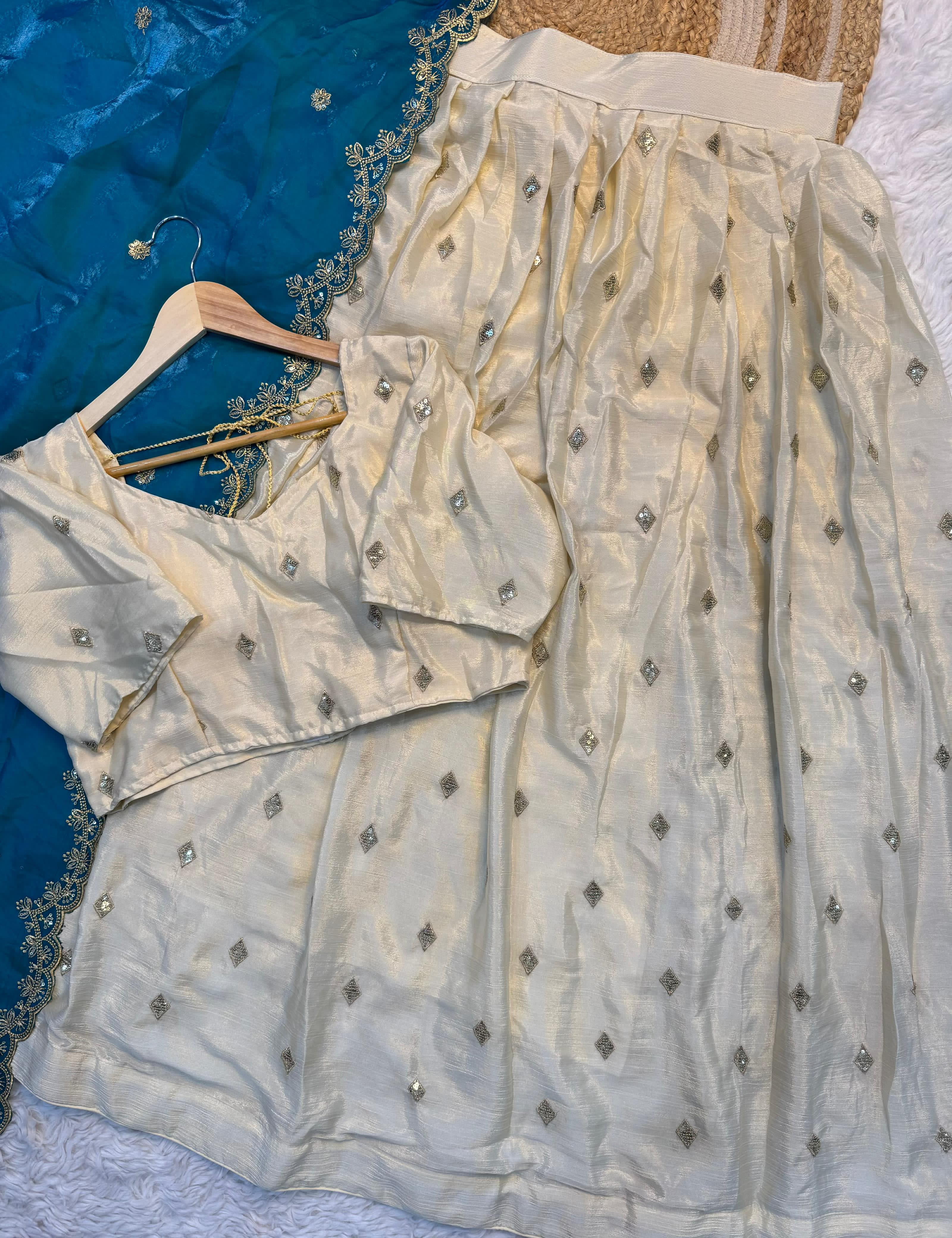 White Chinon Silk Lehenga Choli