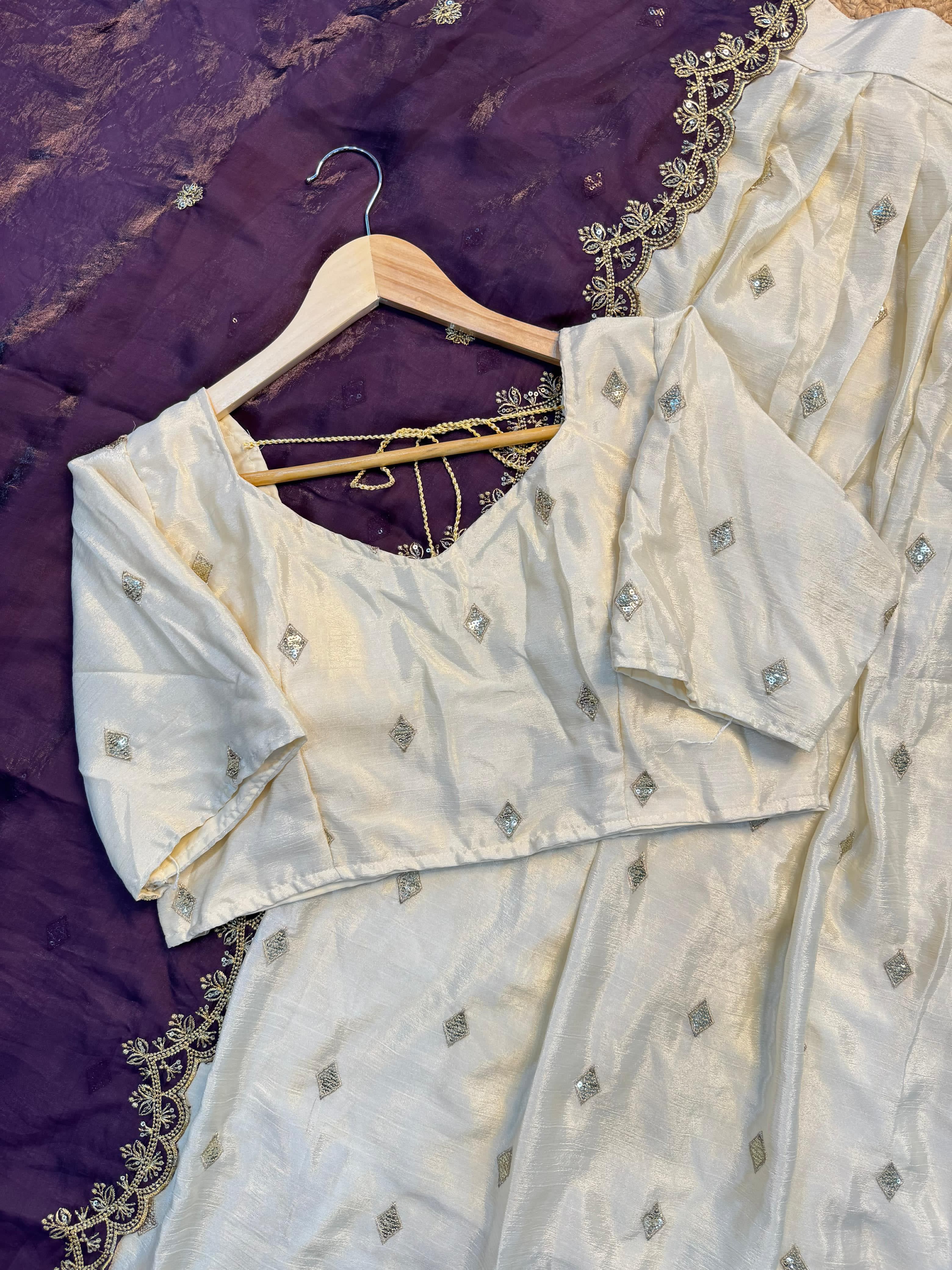 White Chinon Silk Lehenga Choli