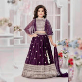 Wine Kids Embroidered Lehenga