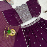 Wine Kids Embroidered Lehenga