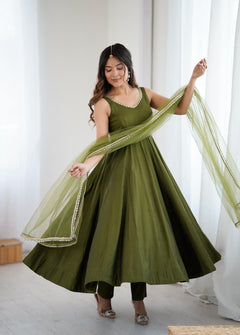 Olive Designer Silk Anarkali Suit