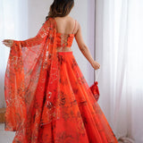 Classy Orange Organza Print Lehenga