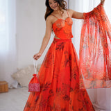Classy Orange Organza Print Lehenga