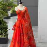 Classy Orange Organza Print Lehenga