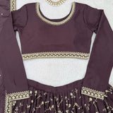 Brown Chinon Embroidered Lehenga