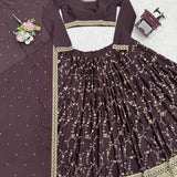 Brown Chinon Embroidered Lehenga