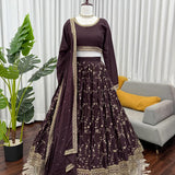 Brown Chinon Embroidered Lehenga