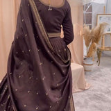 Brown Chinon Embroidered Lehenga