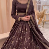 Brown Chinon Embroidered Lehenga