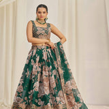 Adorn Dark Green Floral Print Lehenga