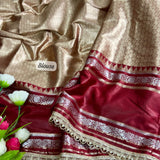 Launching this rich golden-beige and maroon silk saree