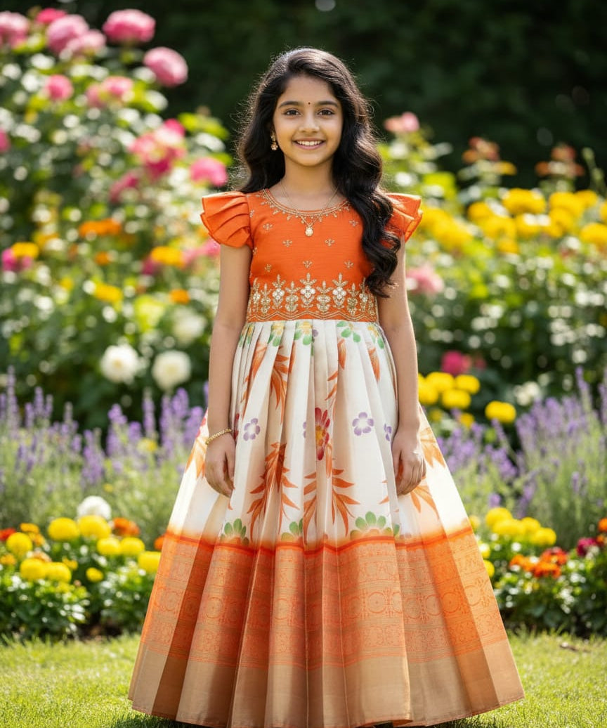 Pretty Printed Silk Kids Gown
