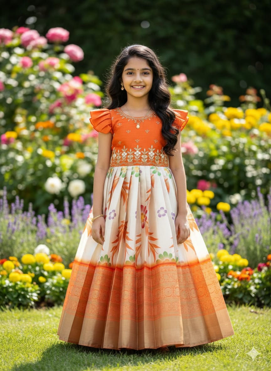 Pretty Printed Silk Kids Gown