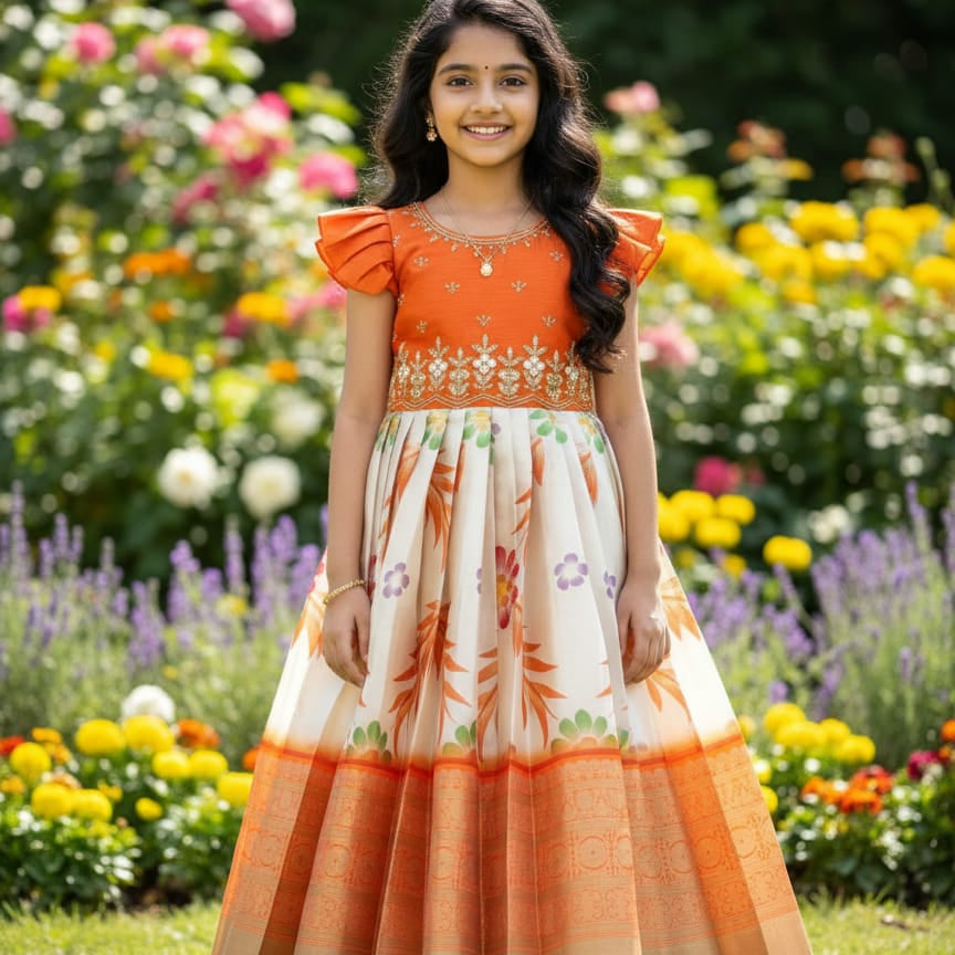 Pretty Printed Silk Kids Gown