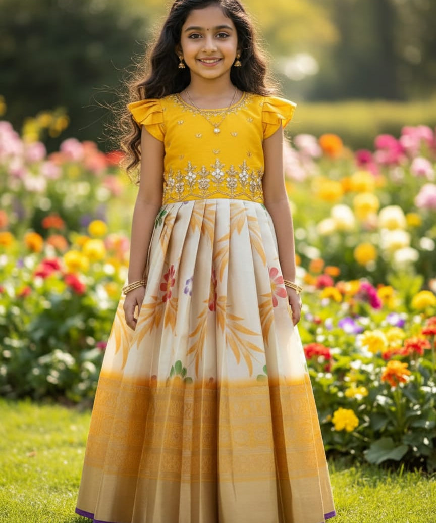 Pretty Printed Silk Kids Gown