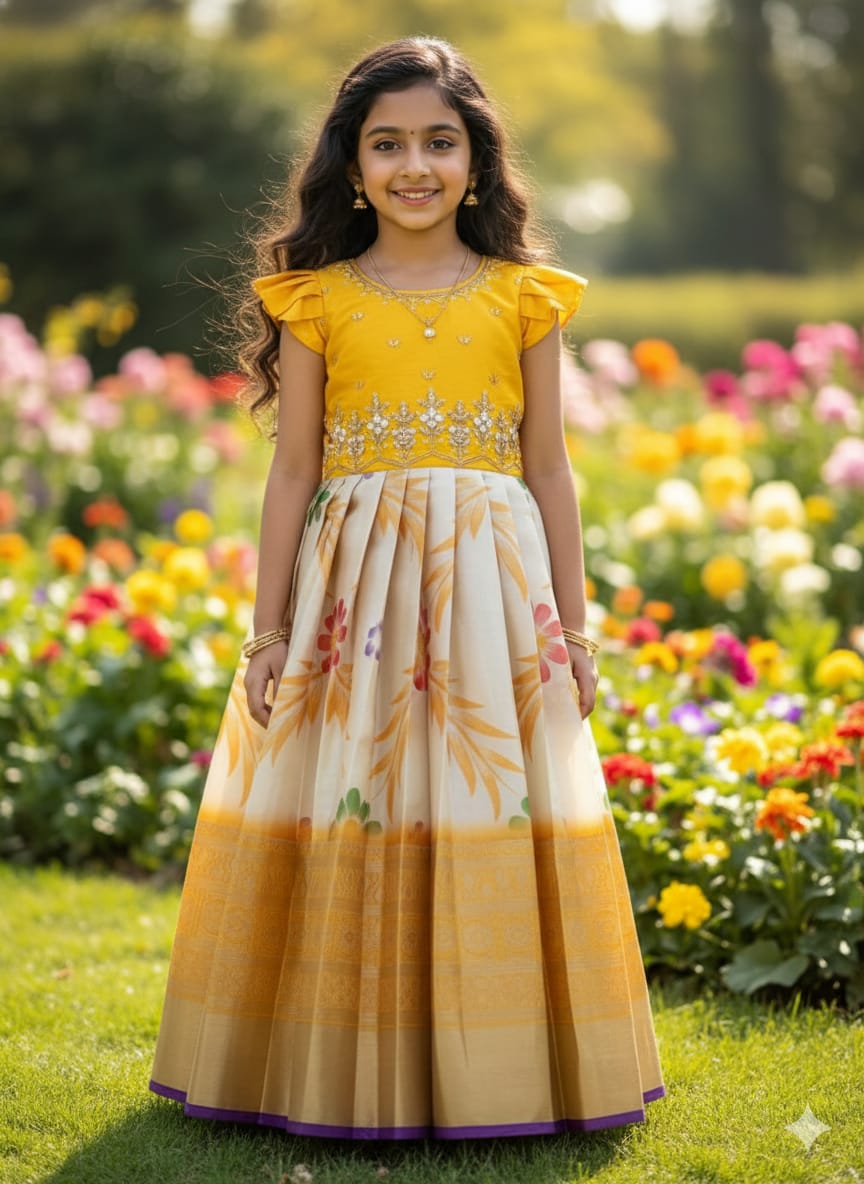 Pretty Printed Silk Kids Gown