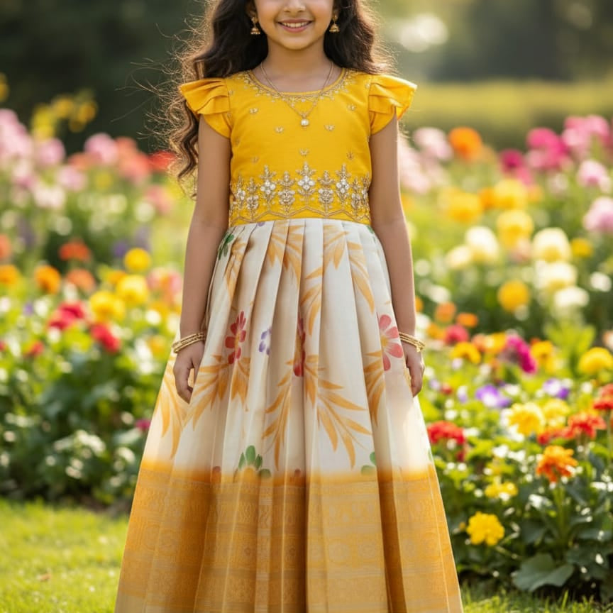 Pretty Printed Silk Kids Gown