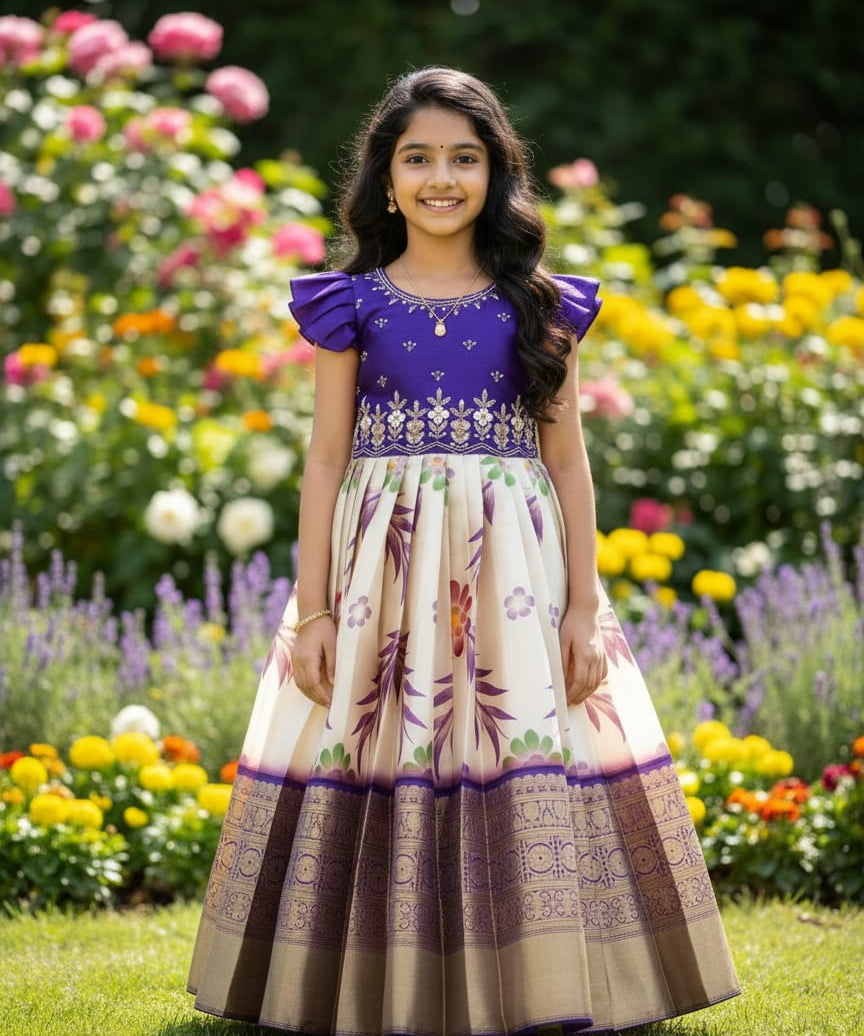 Pretty Printed Silk Kids Gown