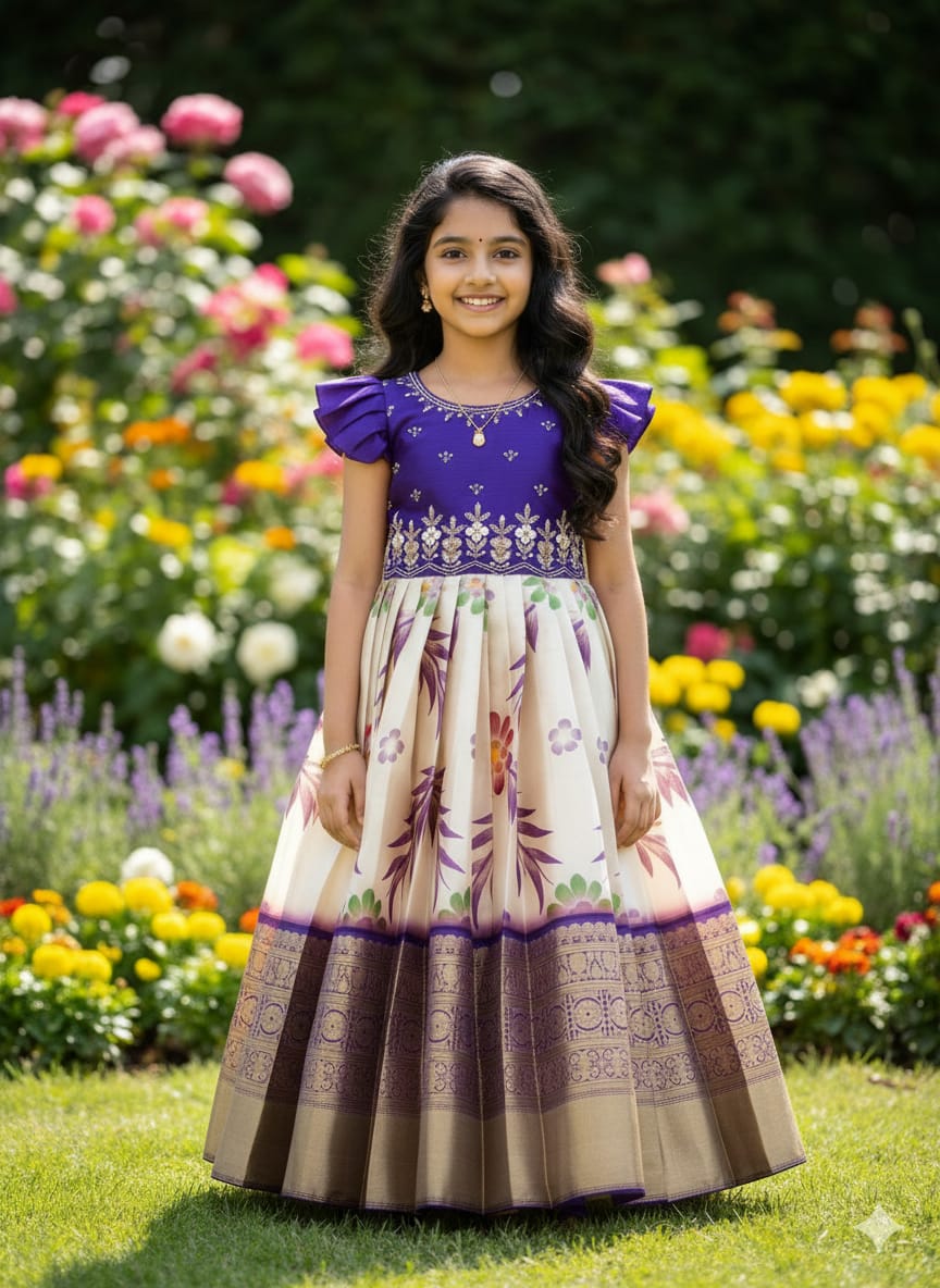 Pretty Printed Silk Kids Gown