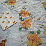 White Floral Print Silk Saree