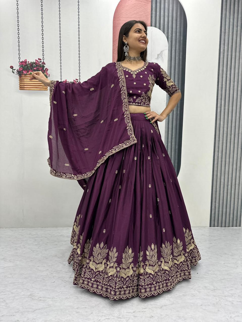 Shiny Chinon Embroidered Lehenga