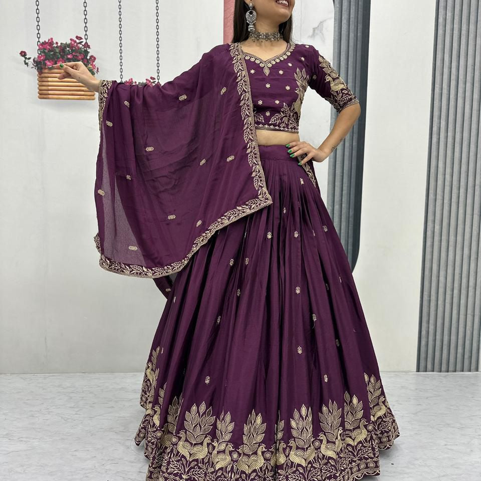 Shiny Chinon Embroidered Lehenga