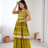 Olive Green Embroidered  Top Lehenga
