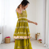 Olive Green Embroidered  Top Lehenga
