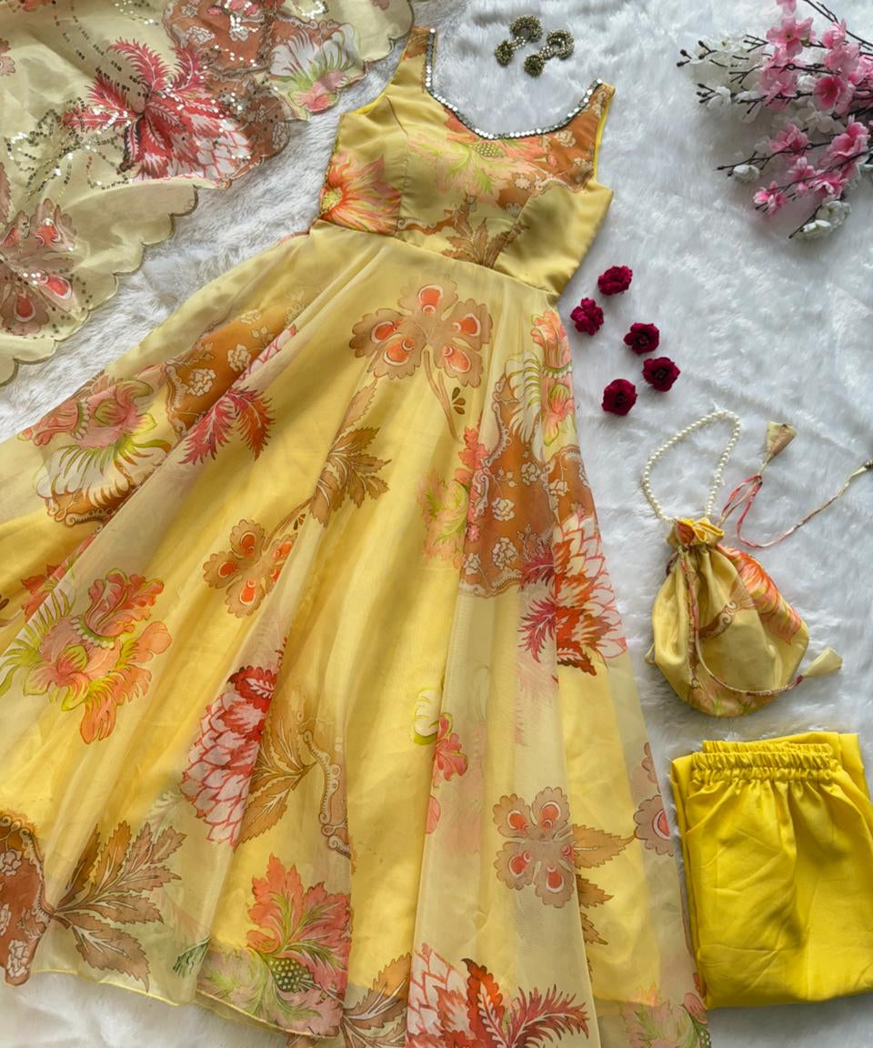 Modern Floral Print Anrkali Suit