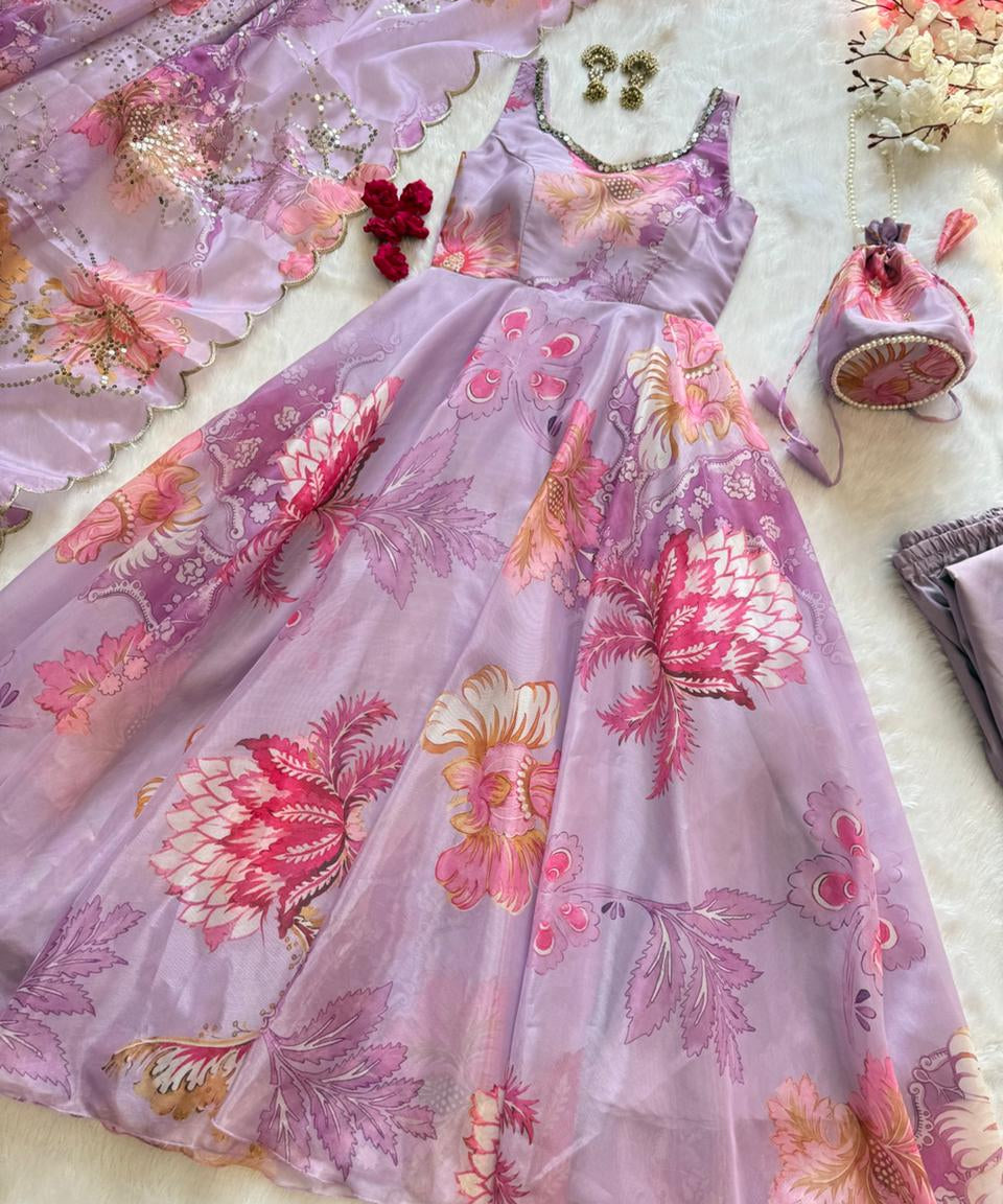 Modern Floral Print Anrkali Suit