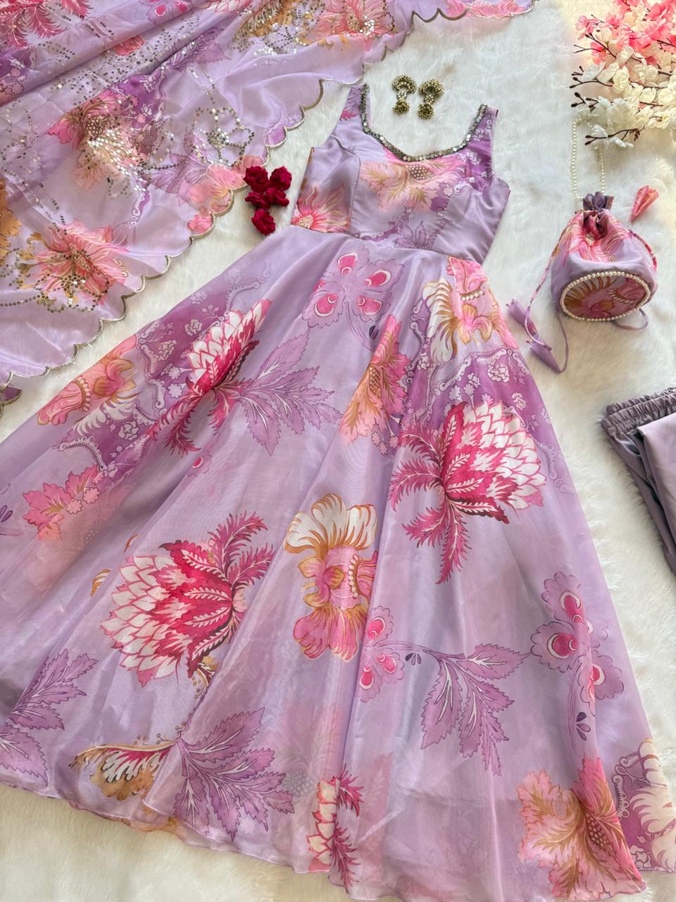 Modern Floral Print Anrkali Suit