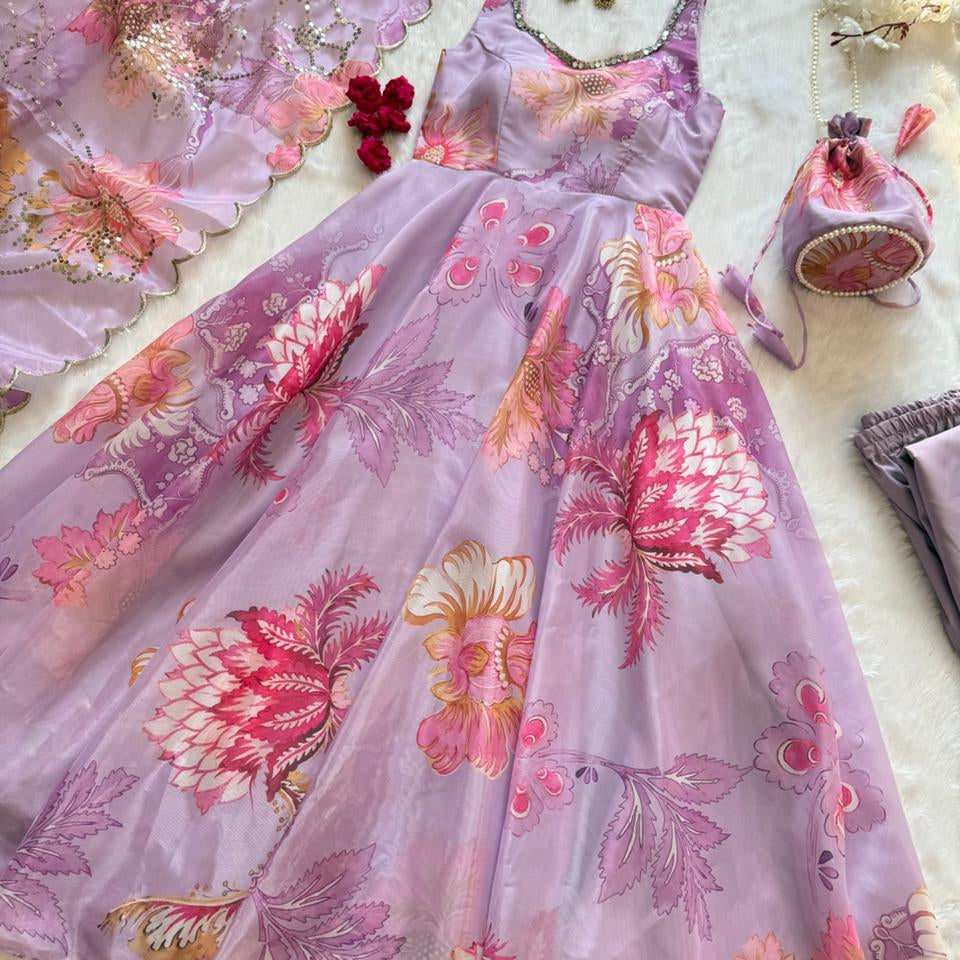 Modern Floral Print Anrkali Suit