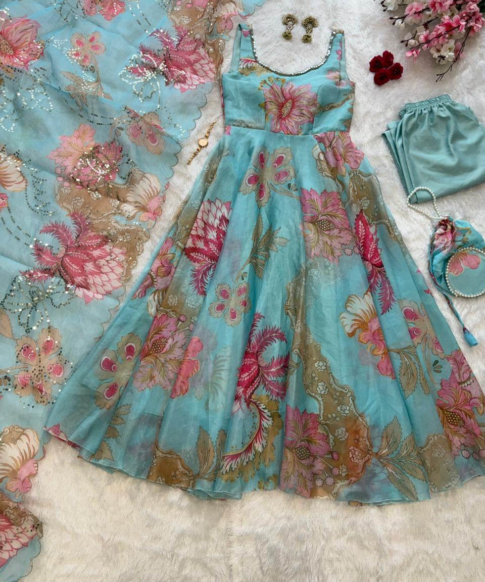 Modern Floral Print Anrkali Suit