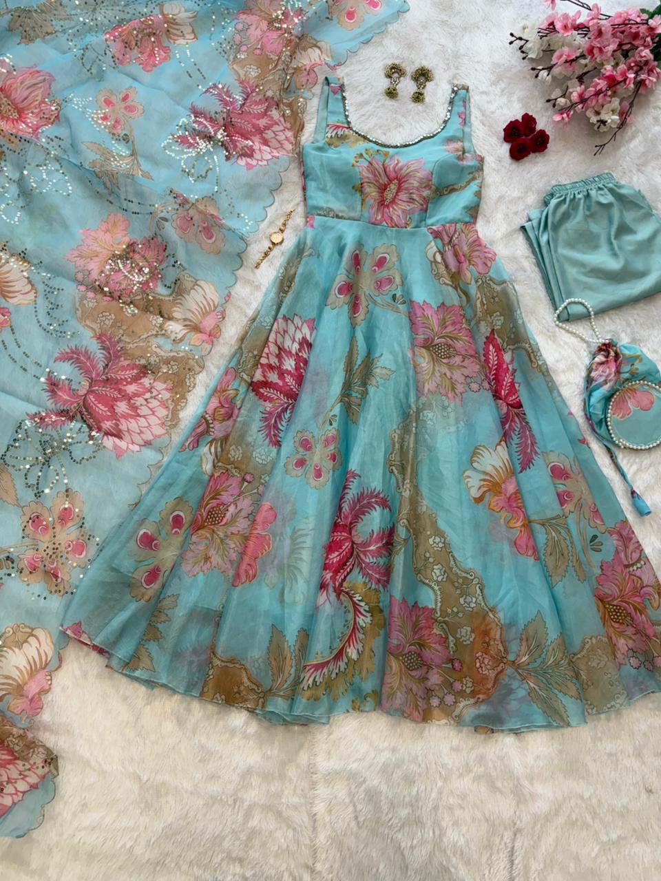 Modern Floral Print Anrkali Suit