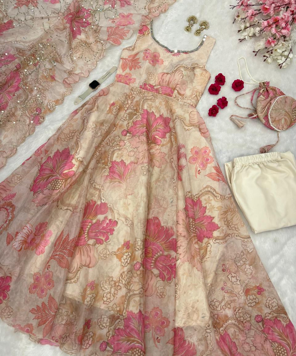 Modern Floral Print Anrkali Suit