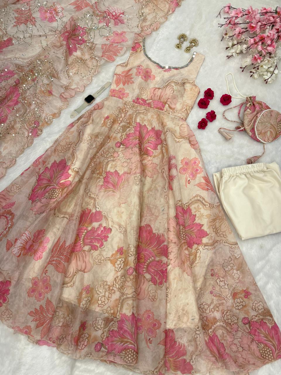 Modern Floral Print Anrkali Suit