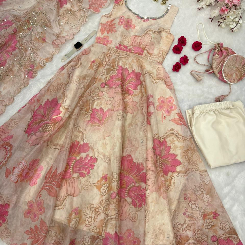 Modern Floral Print Anrkali Suit