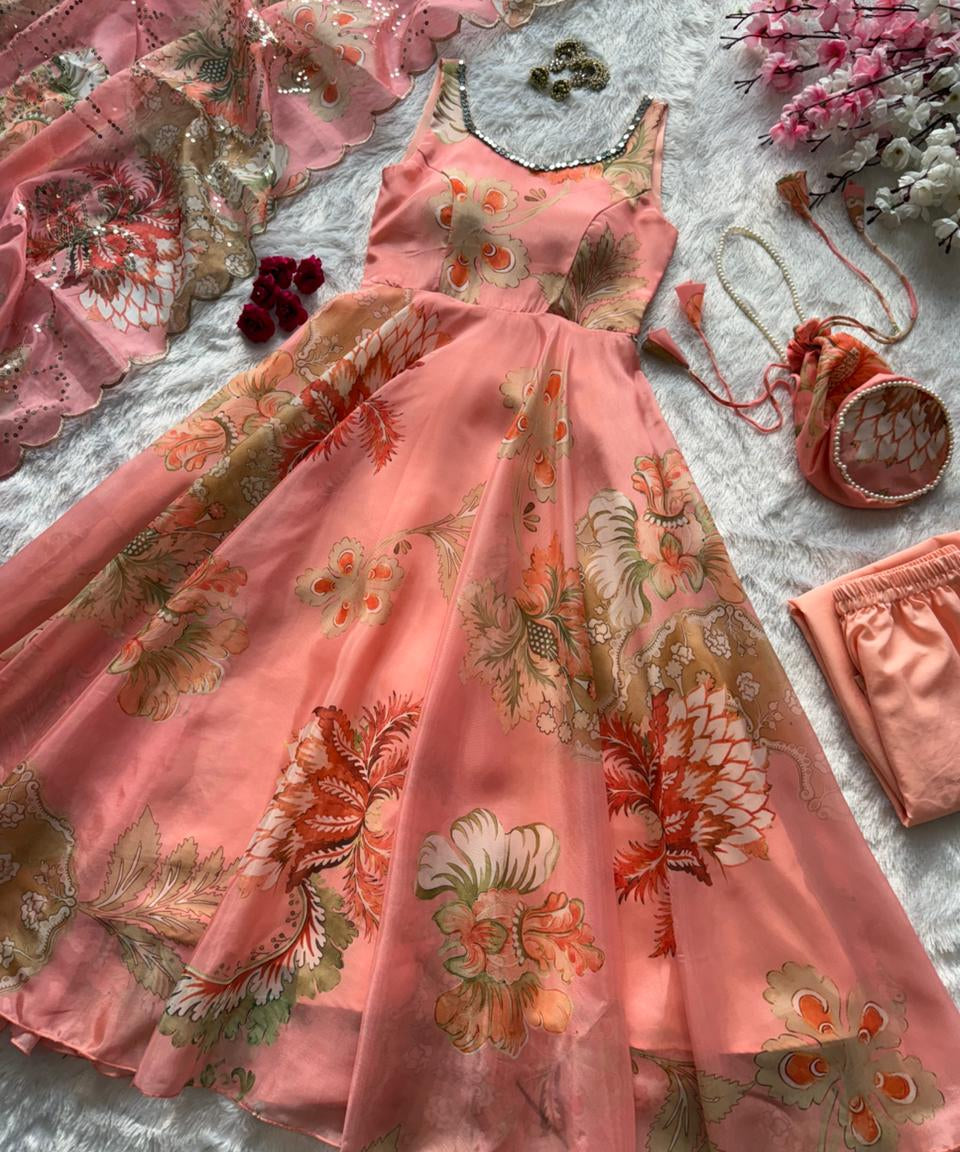Modern Floral Print Anrkali Suit