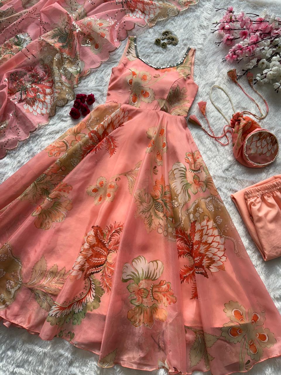 Modern Floral Print Anrkali Suit