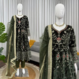 Dark Olive Velvet Embroidered Gown
