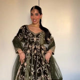 Dark Olive Velvet Embroidered Gown