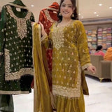 Olive Shiny Embroidered Top Sharara