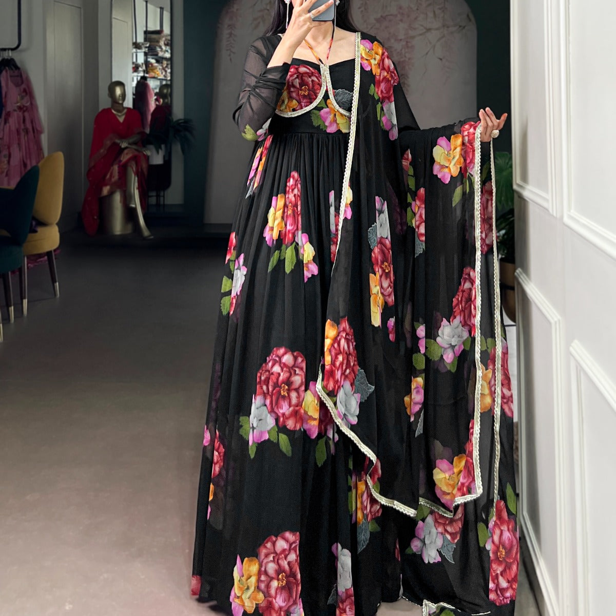 Blooming Floral Print Anarkali Gown