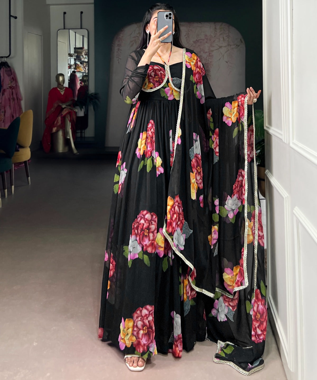 Blooming Floral Print Anarkali Gown