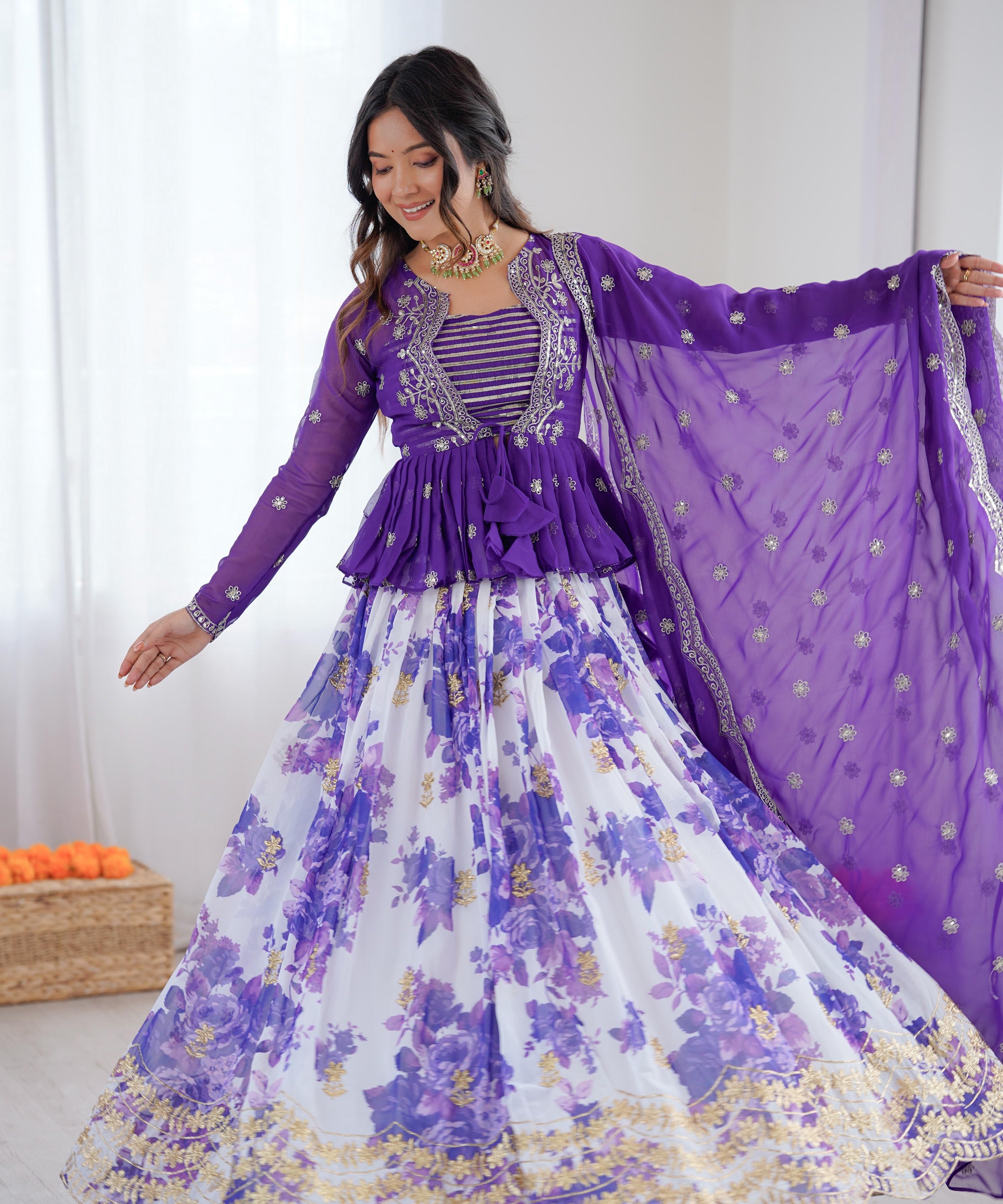 Stylish Floral Printed Koti Lehenga