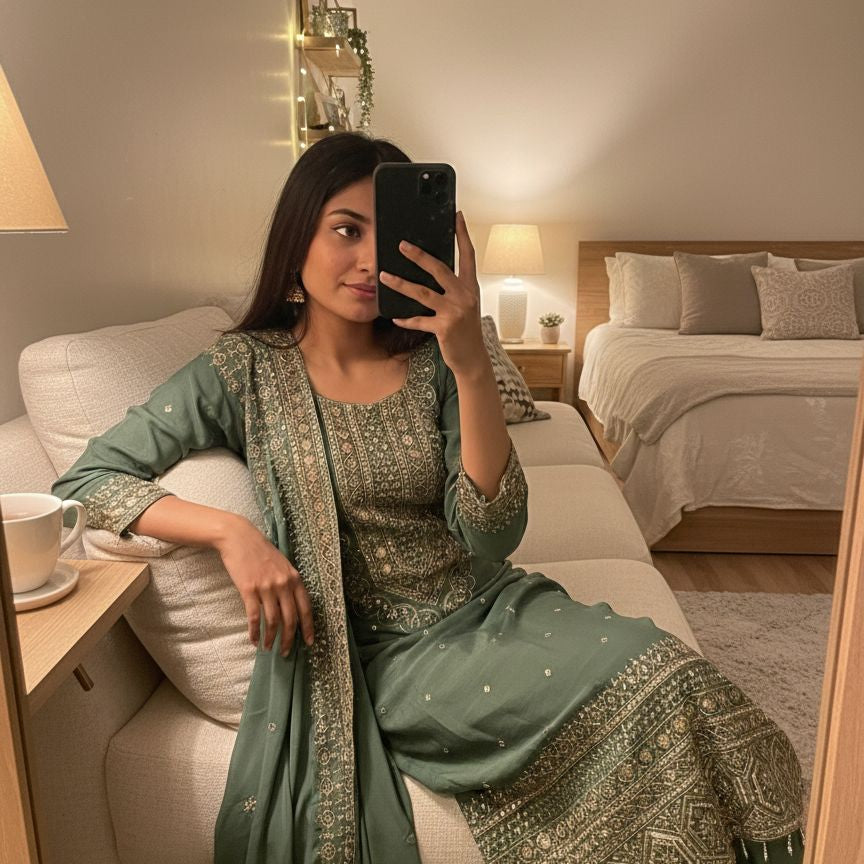 Trendy Chinon Silk Straight Suit